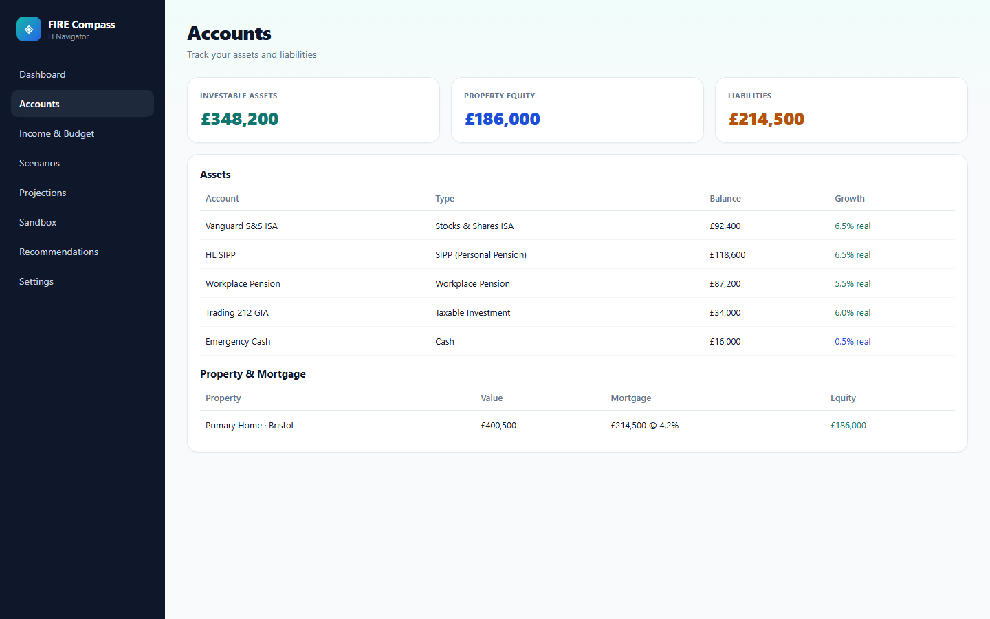 FIRE Compass accounts module with ISA, SIPP, and mortgage tracking