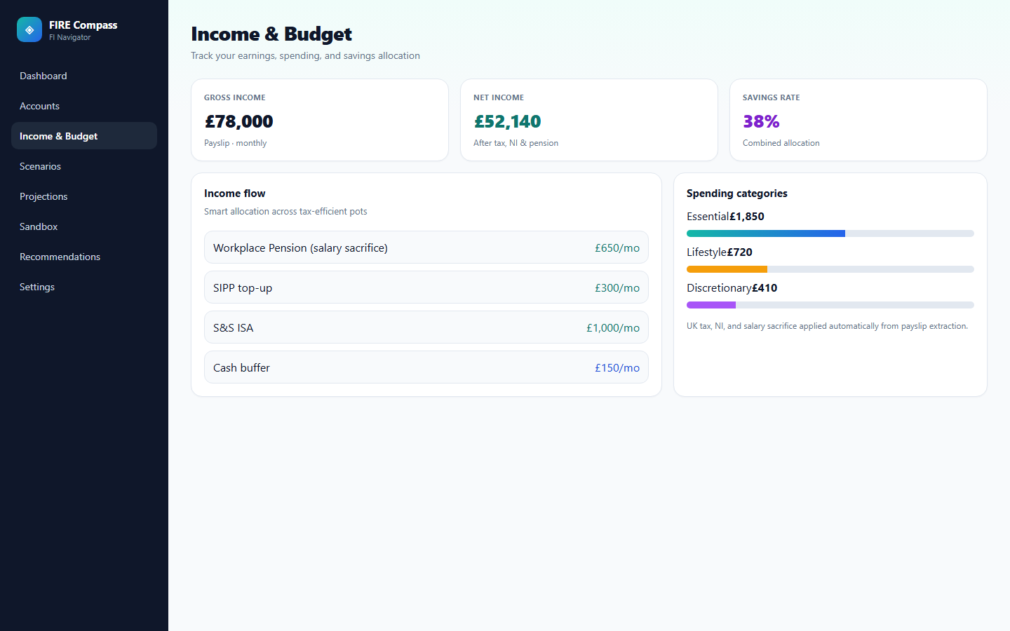 FIRE Compass income and budget module with savings allocation