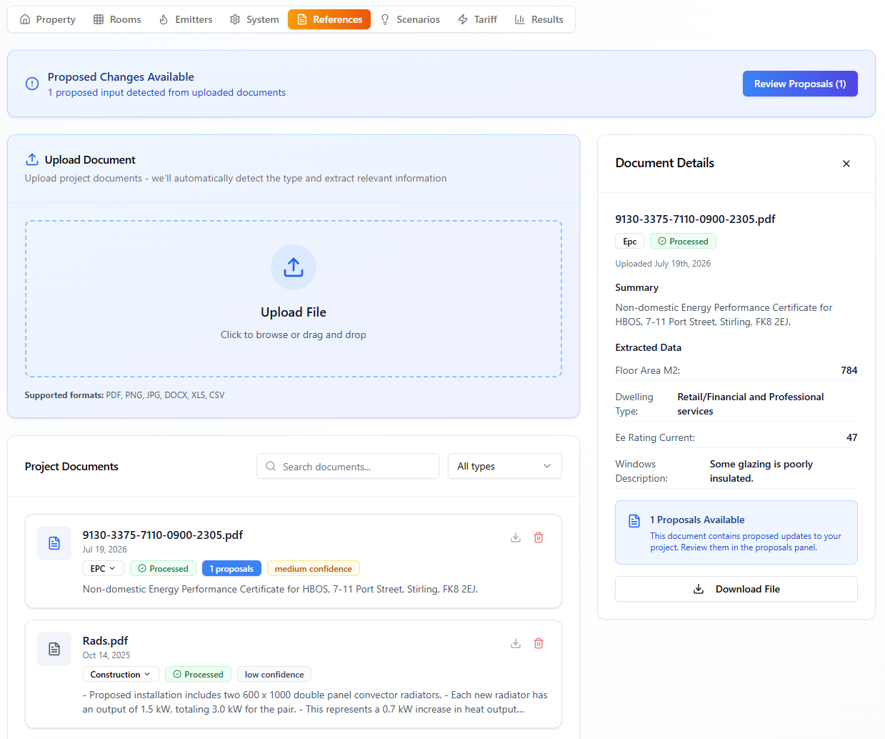 HeatLens references module showing uploaded documents and proposed project changes