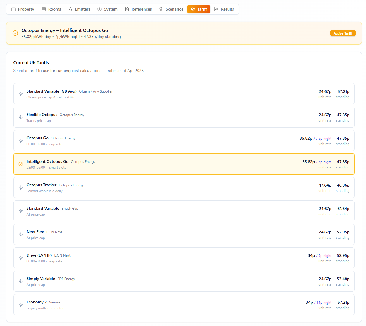 HeatLens tariff selector showing current UK electricity tariffs
